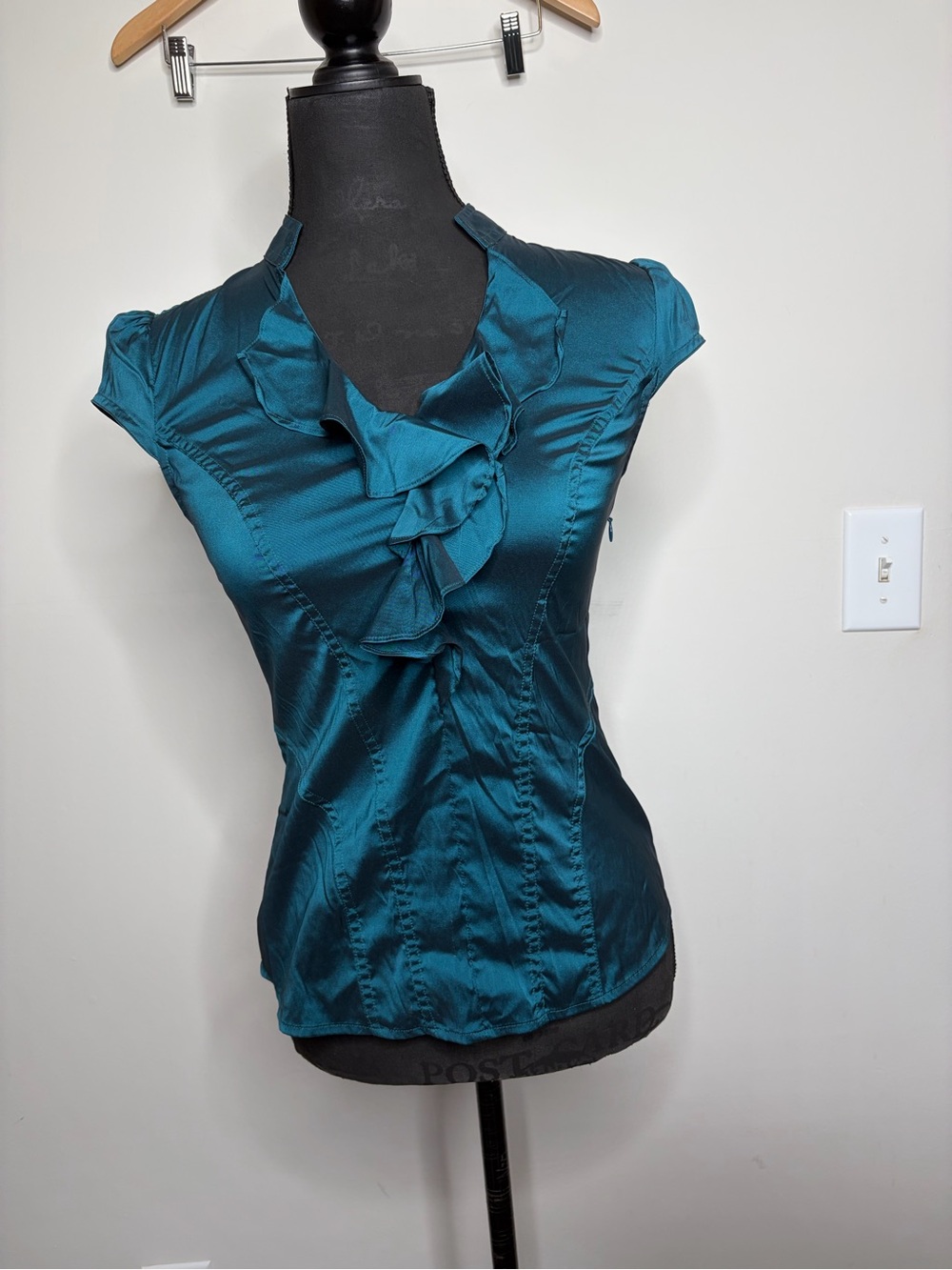 Y2K vintage Teal Ruffle Front Women’s Satin Blouse office preppy